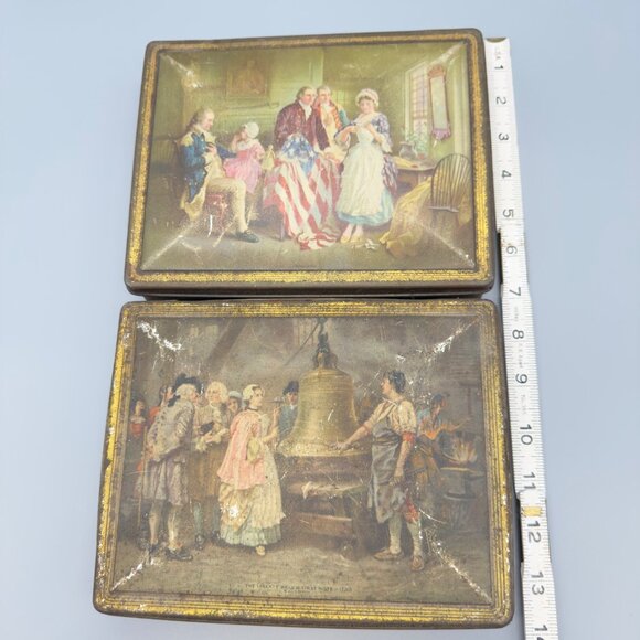 Vtg Set Tindeco Liberty Bell First Note Birth of our Nations Flag Centennial Tin - Picture 9 of 10